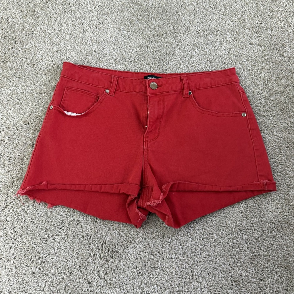 Bebe Denim Cutoff Shorts Womens 31 Red Rhinestone Logo Summer Casual 5 Pocket